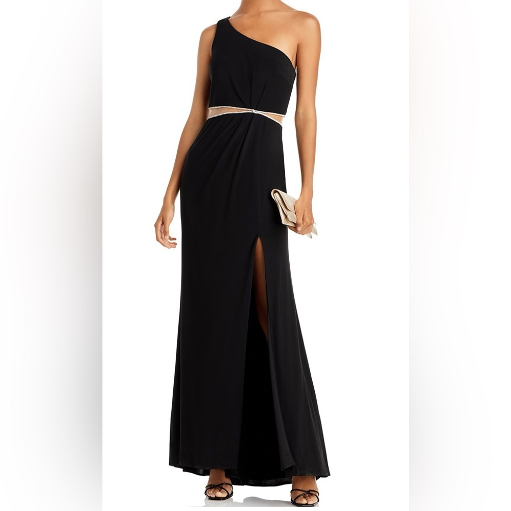 Aqua one shoulder cutout waist gown